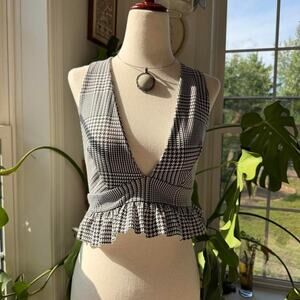 Houndstooth Monochrome Black and White Halter Crop Top
